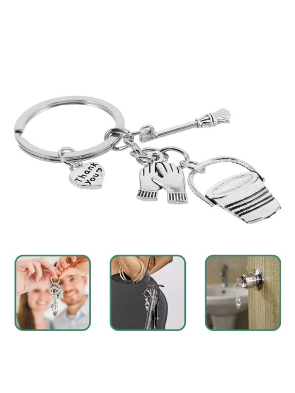 3Pcs Hand Broom and Dustpan Keychain Plated Silver Decorative Metal Gift for Appreciation