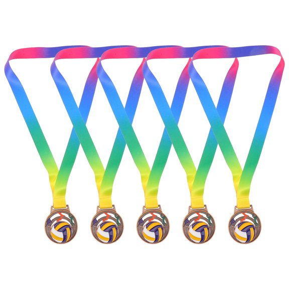 Yardwe 5Pcs Sports Medals Volleyball Themed with Plated Gold Metal and Neck Ribbon for Party Celebrations and Awards