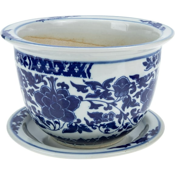 Yardwe Blue and White Ceramic Flower Pot with Saucer, Chinoiserie Planter for Indoor , Decorative Bonsai Pot with Drainage Hole for Home, Balcony, or Office (6.69 Inch)