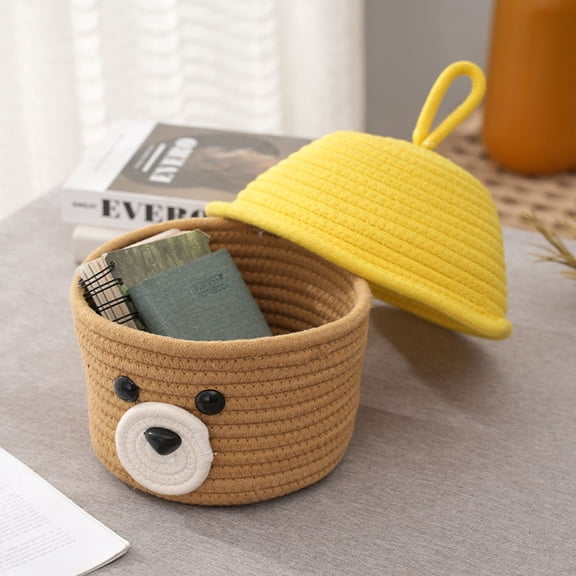Yardwe Portable Bear Cotton Rope Basket with Lid for Home Storage Use
