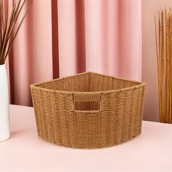Yardwe Plastic Rattan Woven Corner Shelf Basket in Light Brown for Room Storage