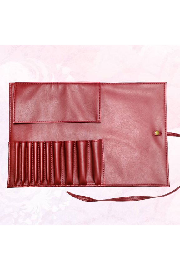 Dark Red PU Cosmetic Organizer Bag Compact Makeup Brush Rolling Pouch