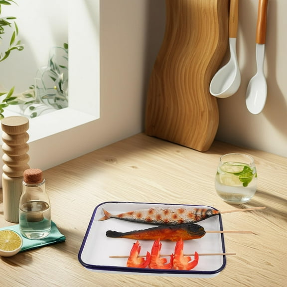 Yardwe White Enamel Rectangular Baking Pan with Retro Design for Oven Cooking and Serving