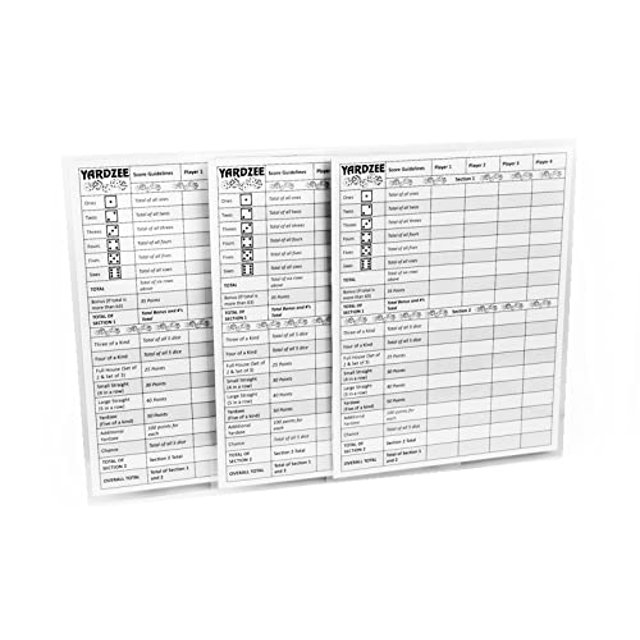 Yardzee Score Cards with Rules on the Back, Laminated Yardzee Score