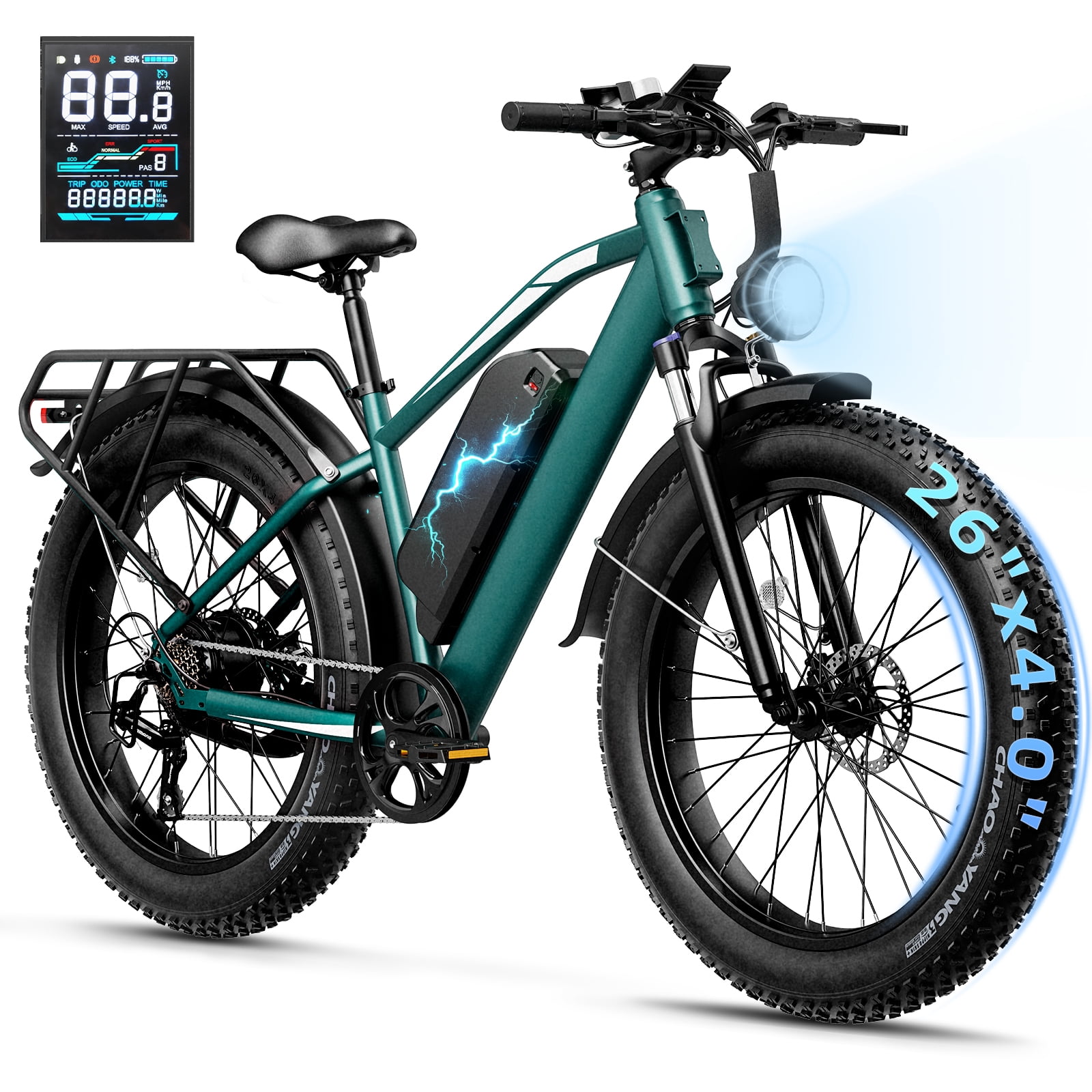 YareYi Electric Bike for Adults 26", 2000W Peak E-Mountain Bicycle, 28MPH Fat Tire Ebike, 48V 15Ah Removable Battery, 7 Speed and Front Suspension with Rear Rack UL2849