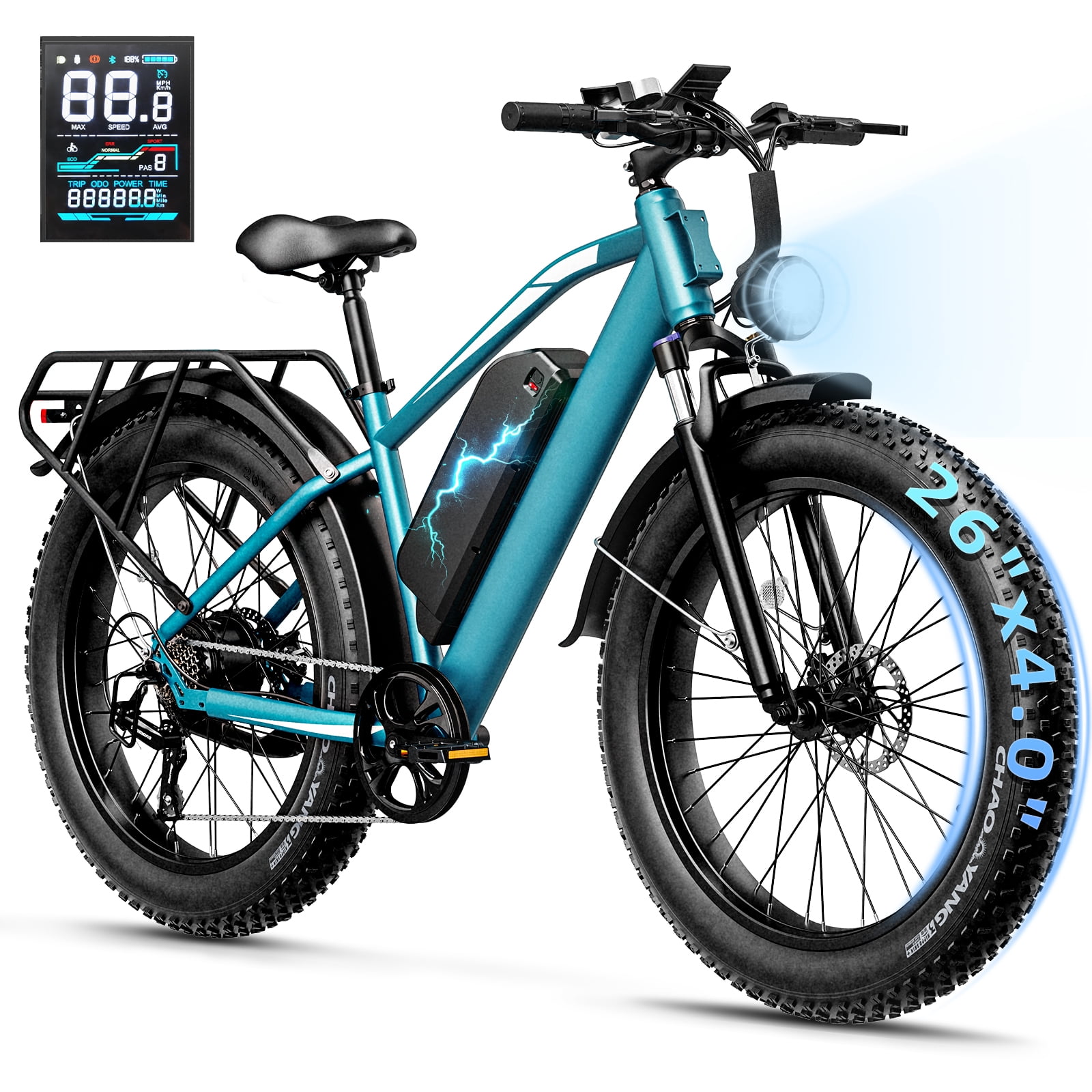 YareYi 2000W Peak Electric Bike for Adults 26", 28MPH Fat Tire Ebike, 48V 15Ah Removable Battery, Rear Rack UL2849
