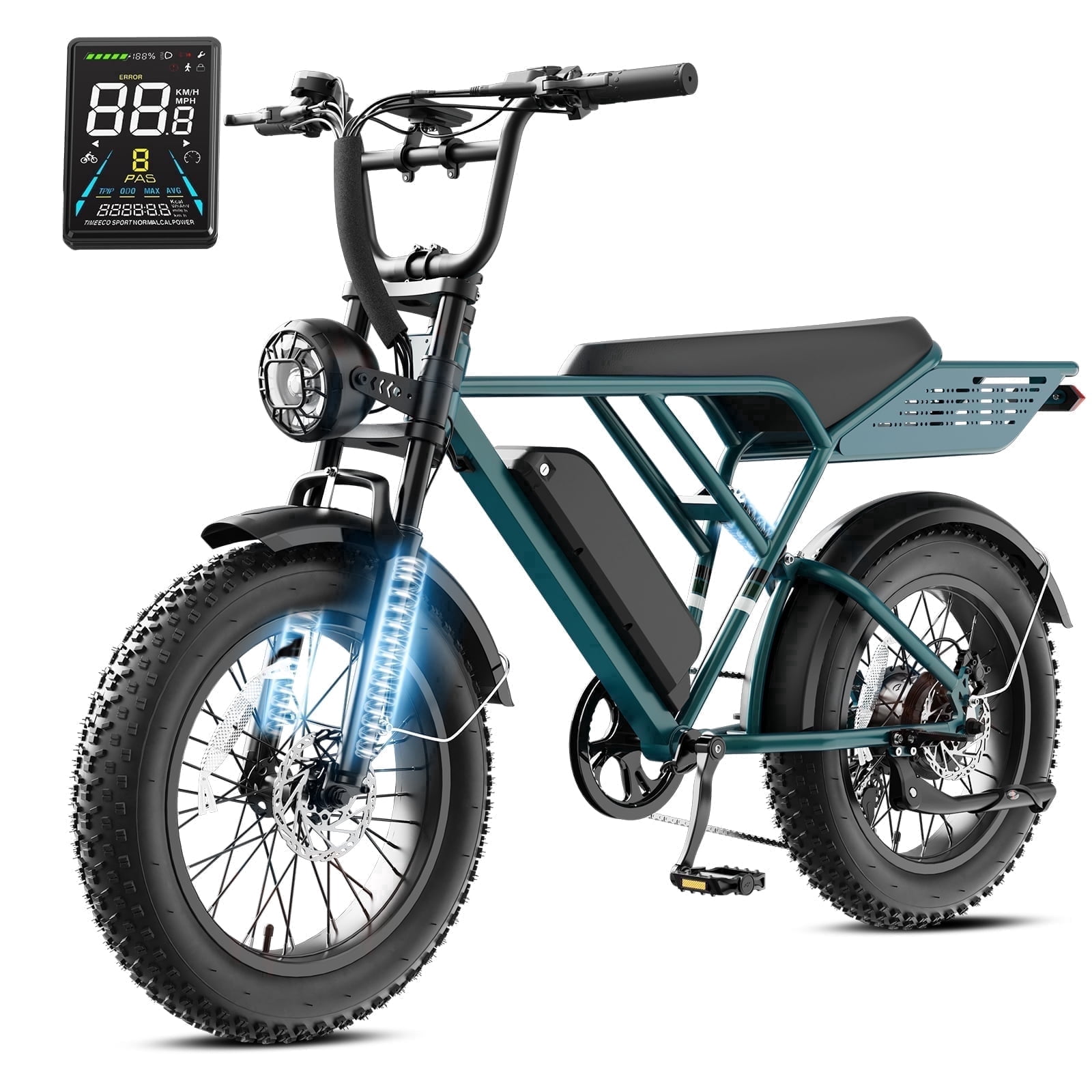 YareYi Electric Bike for Adults 38MPH, 3000W Peak E-Mountain Bicycle, 20" Fat Tire E-Bike, 52V 20Ah Removable Battery UL2849, Green