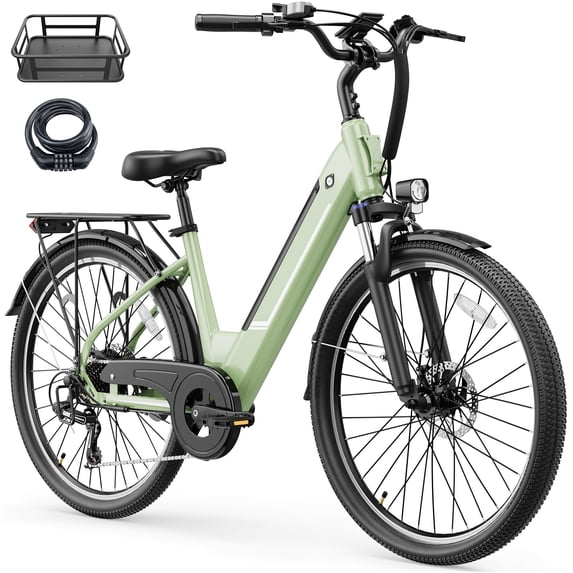 YareYi Roamer ST 26" Electric Bike for Adults, Step-Through Commuter E Bike, 500W Rated Motor, 28 MPH, 48V 11Ah Removable Battery, 62-Mile Range, City Cruiser Ebike, Green