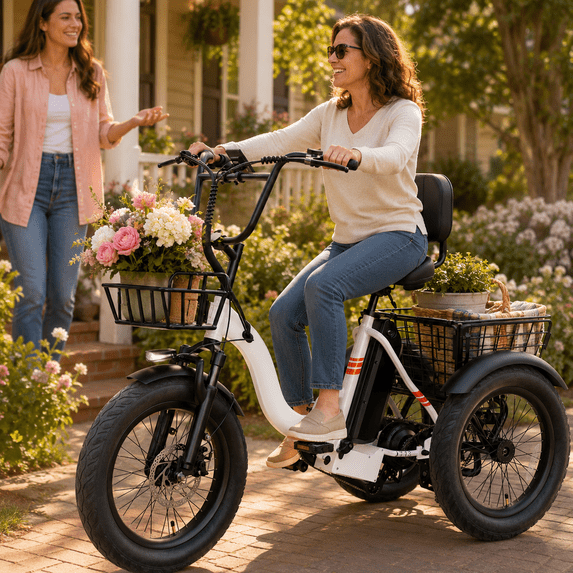 YareYi 3 Wheel Electric Bike for Adults, 500W Rated Foldable Electric Tricycle with Baskets, 18" Fat Tire E Trike with 48V 13Ah Battery, Up to 55 Mile, UL 2849 Certified, White