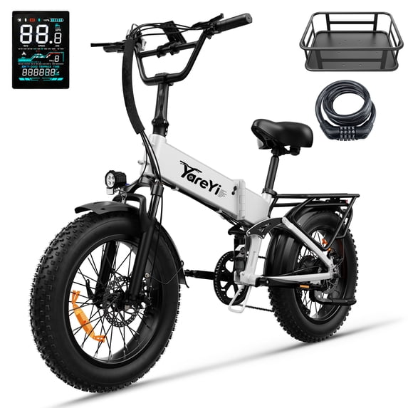 YareYi X-Hunter 750W Rated Electric Bike for Adults, 28 MPH Folding Ebike with 48V 13Ah Removable Battery, 70-Mile Range, 20" Fat Tire Full Suspension E Bike, 7-Speed, White