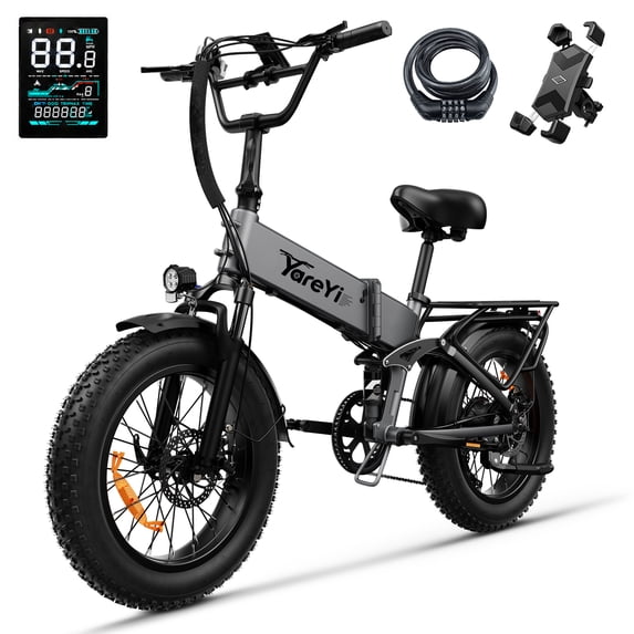 YareYi X-Hunter 750W Rated Electric Bike for Adults, 28 MPH Folding Ebike with 48V 13Ah Removable Battery, 70-Mile Range, 20" Fat Tire Full Suspension E Bike, 7-Speed, Gray