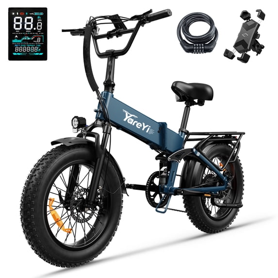 YareYi X-Hunter 750W Rated Electric Bike for Adults, 28 MPH Folding Ebike with 48V 13Ah Removable Battery, 70-Mile Range, 20" Fat Tire Full Suspension E Bike, 7-Speed, Blue