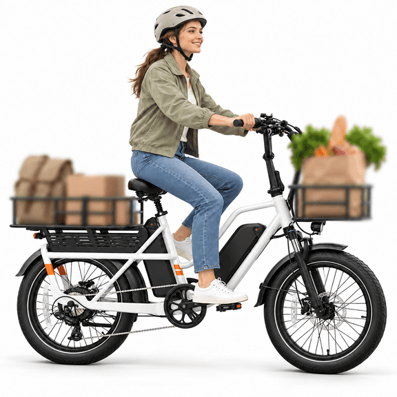 Yareyi Cargo Oversized Electric Bike for Adults with App Connectivity, 52V 40Ah Dual Battery, 28 MPH, 120-Mile Range, 20" Fat Tire Commuter Cargo E-Bike, 350 lb Payload, White