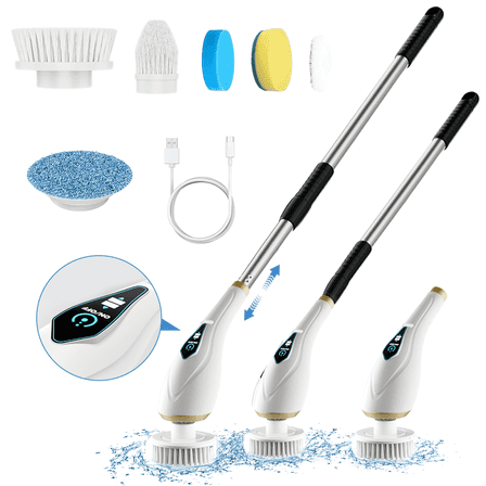 Yarigot Electric Spin Scrubber for Cleaning with 6 Replaceable Brush Heads and Adjustable Extension Handle, Electric Spin Brush for Cleaning Bathroom Tub Kitchen Tile