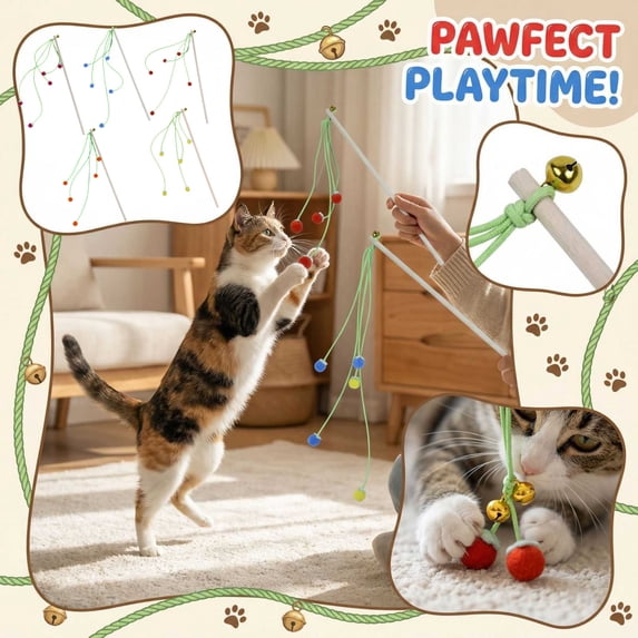 Yarn Ball Rope with Bells Cat Teaser Stick Interactive Toy for Teasing and Chasing for Indoor Pet Exercise and Entertainment, Hot Pink