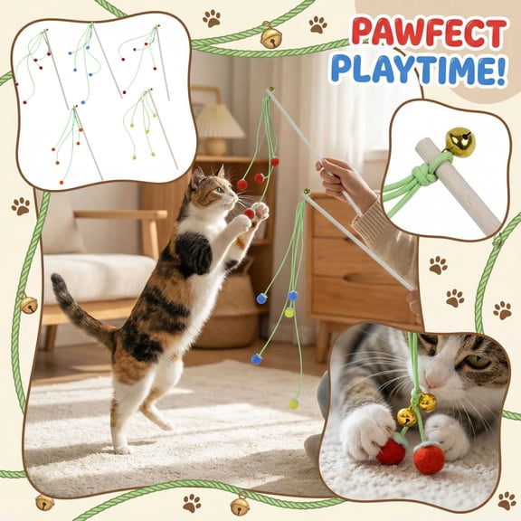 Yarn Ball Rope with Bells Cat Teaser Stick Interactive Toy for Teasing and Chasing for Indoor Pet Exercise and Entertainment, Yellow