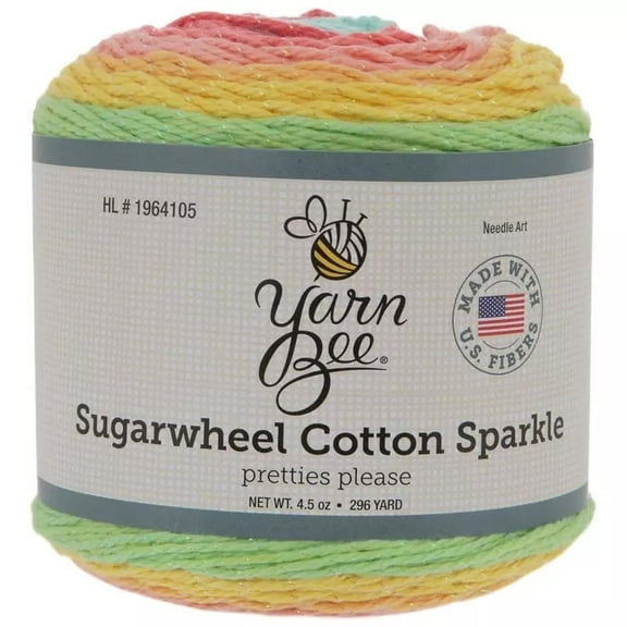 Yarn Bee Sugarwheel Cotton Sparkle Yarn Cake, Light Weight Cotton with Metallic Polyester Thread, 296 Yards, Pretties Please
