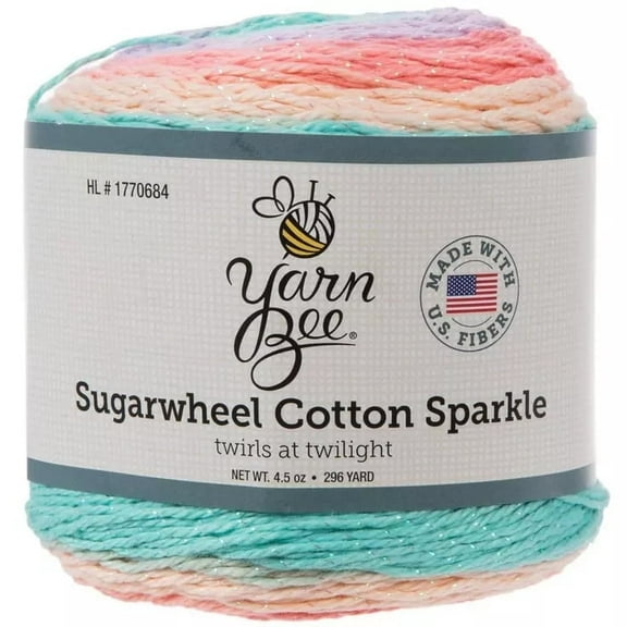 Yarn Bee Sugarwheel Cotton Sparkle Yarn Cake, Light Weight Cotton with Metallic Polyester Thread, 296 Yards, Twirls at Twilight