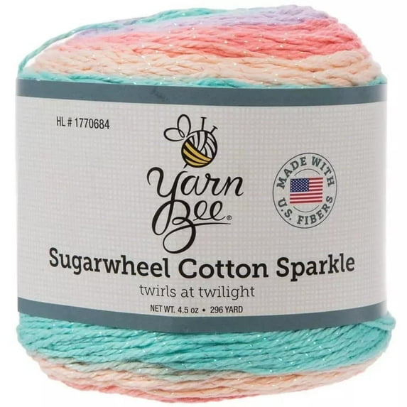 Yarn Bee Sugarwheel Cotton Sparkle Yarn Cake, Light Weight Cotton with Metallic Polyester Thread, 296 Yards, Twirls at Twilight