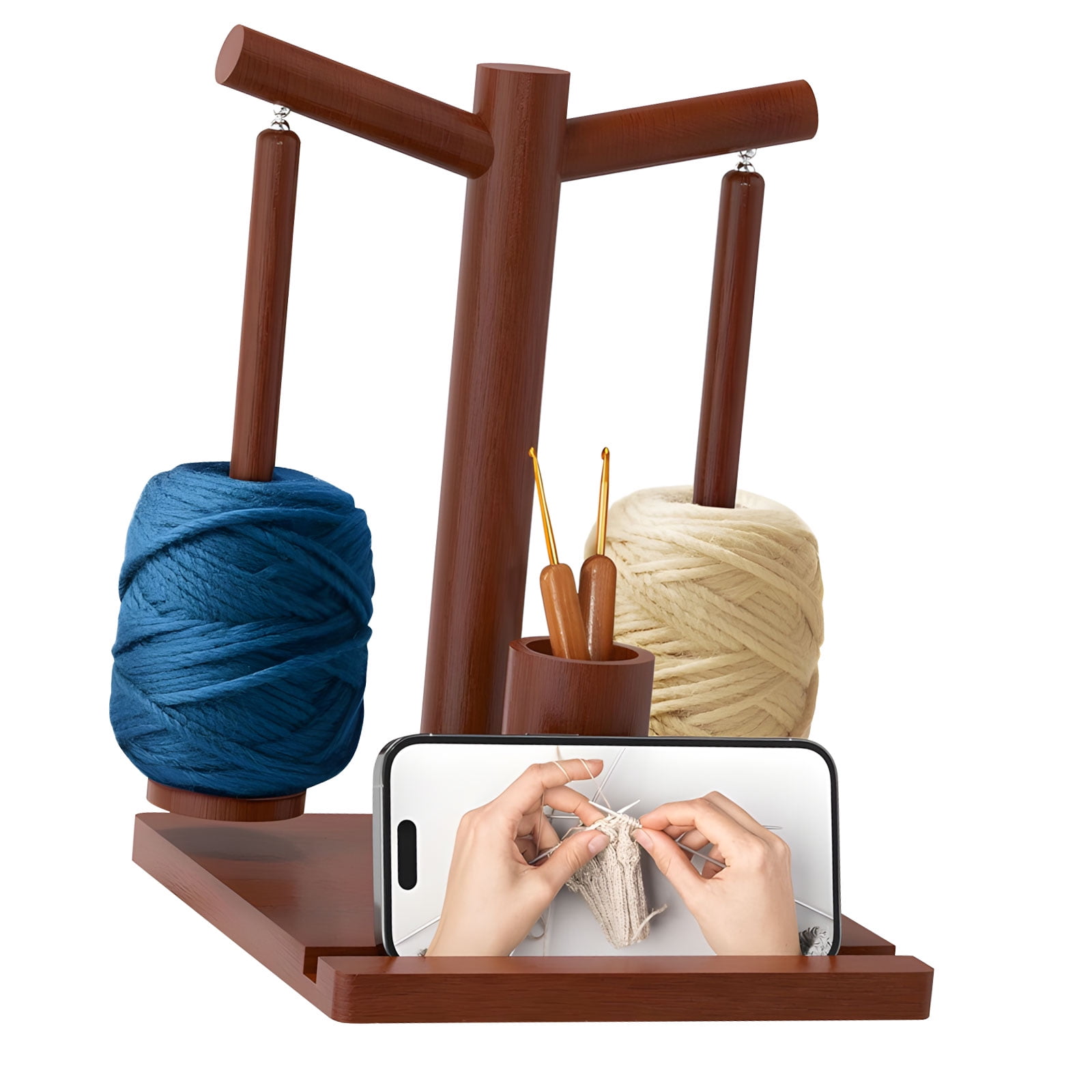Yarn Dispenser Phone Stand Integrated Double Spindles Craft Organizers For Knitters And Crochet Enthusiasts