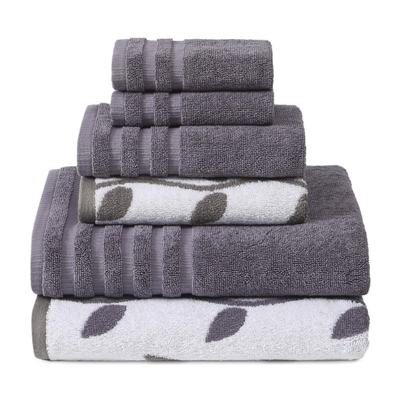Yarn Dyed Jacquard Bath Towel Set, 6 Piece 100% Cotton Organic Vines, Soft and Quick Dry Towels, Ideal for Ensuite Bathroom and a Refreshing Shower Ritual, Gray