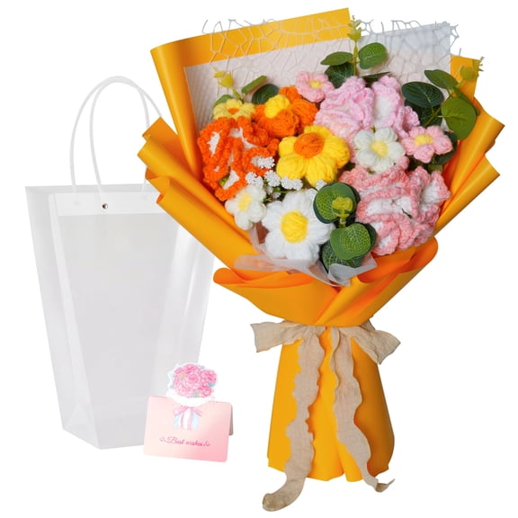 Yarn Flower Bouquet Handmade Crochet with Best Wishes Card Gift Bag Everlasting Faux Flowers Home Decor for Birthday Mother's Day Graduation