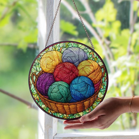 Yarn Glass Suncatcher, Colorful Knitting Craft Art, Studio Decor for Knitters, 3.5 in