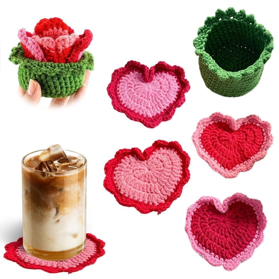 Yarn Heart Coasters in Red and Pink, 4-Piece Set with Green Holder, 3.15 in Each, Unique Stackable Design, Keeps Tables Dry and Scratch-Free, Great for Gift-Giving and Home AccentsRed,One size