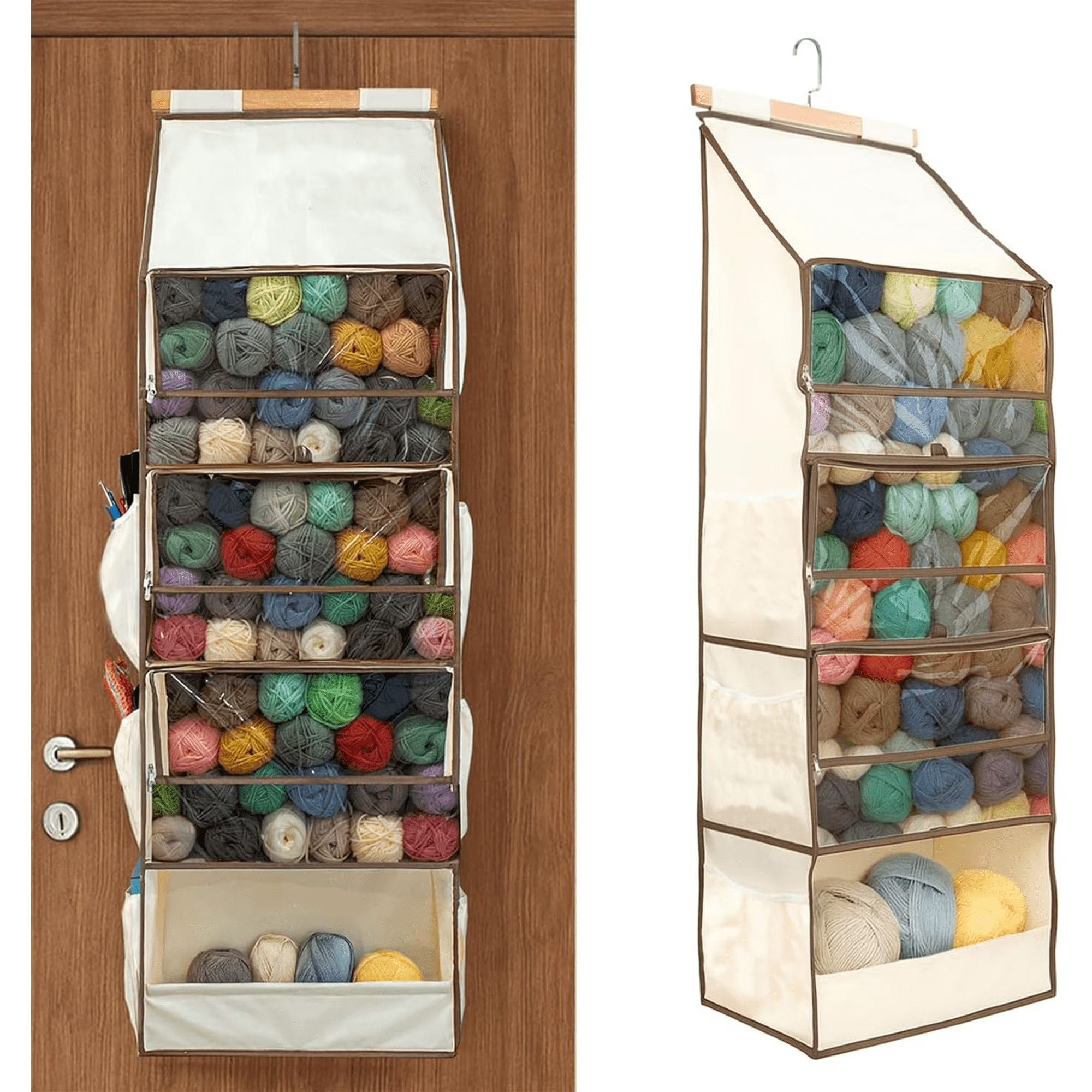 Yarn Heaven Storage Bag – Large Capacity Hanging，Large Capacity Hanging Organizer with 4 Clear Zipper Closure Compartments Pockets & 3 Side Crochet/Knitting Needles Pockets