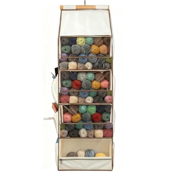 Yarn Heaven Storage Bag Large Capacity Hanging Yarn Organizer with 4 Clear Zipper Compartments & 3 Side Pockets