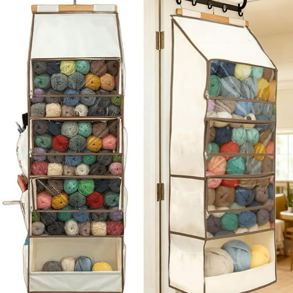 Yarn Heaven Storage Bag – Large Capacity Hanging Yarn Storage Organizer with Clear Zipper Closure Compartments Pockets & Side Crochet/Knitting Needles Pockets, Crochet Bag for Crafters