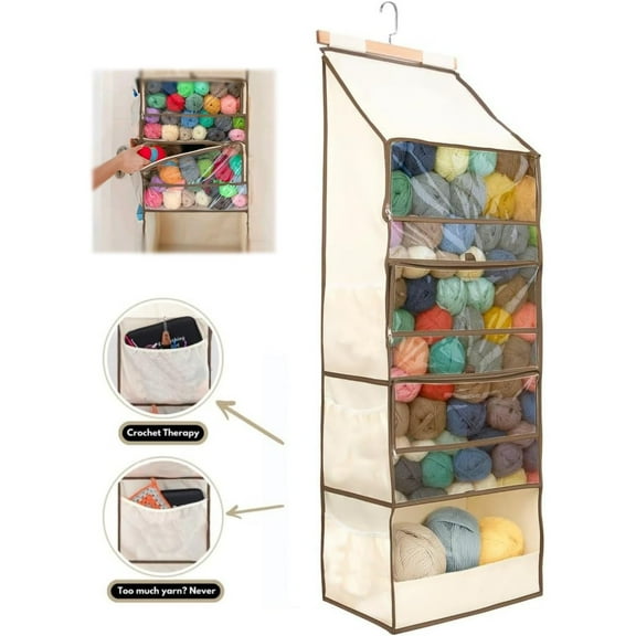 Yarn Heaven Storage Bags, Yarn Holder Over the Door Hanging Crochet Kit Storage with 4 Clear Zipper Closure Compartments Pockets & 3 Side Crochet/Knitting Needles Pockets