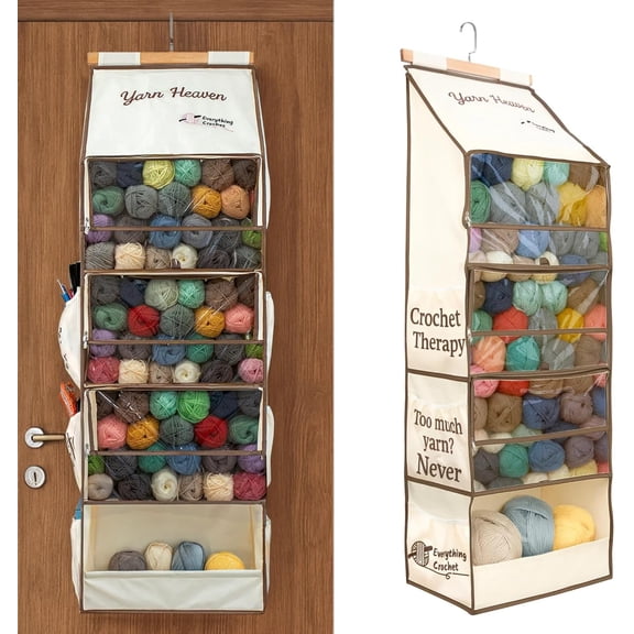 Yarn Heaven Storage Organizer Over The Door & Closet Hanging Yarn Bag for Crochet & Knitting, Skein Holder Holds 200+ Skeins with Clear Pockets for Yarn Stash, Hooks & Needles