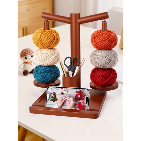 Yarn Holder for Crocheting and Knitting - Yarn Holder Spinner, Rotating Wooden Yarn Storage for Knitting Accessories with Phone Stand &Stitch Markers, Crochet for Knitting Lovers