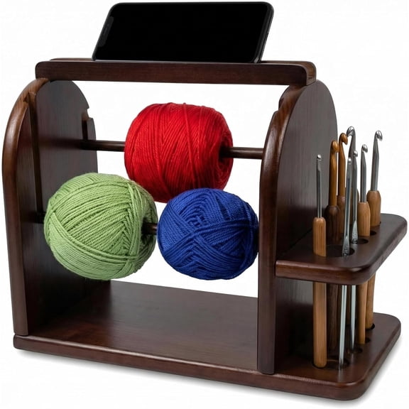 Yarn Holder for Crocheting - Wooden Yarn Spinner with -in Phone Stand & Tool Organizer -Large  Knitting Accessories Storage for Skeins?Cake?Ball -Smooth Rotation Dispenser Gifts for Mom