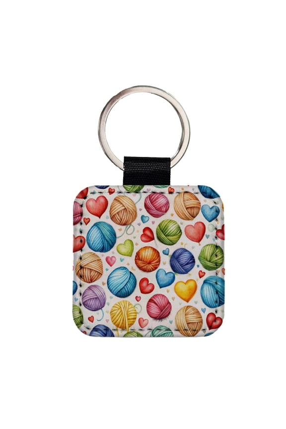 Yarn Knitting Crochet Balls Hearts Watercolor Faux Leather Square Keychain