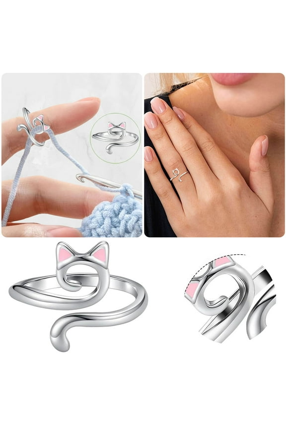 Yarn Ring Cat Ears Adjustable Size Crochet Ring Beginner Knitting Crocheting Gift Crochet Tension Regulator Tool Finger Ring Gift Piink Sliver Ring Cat-Shaped Ring