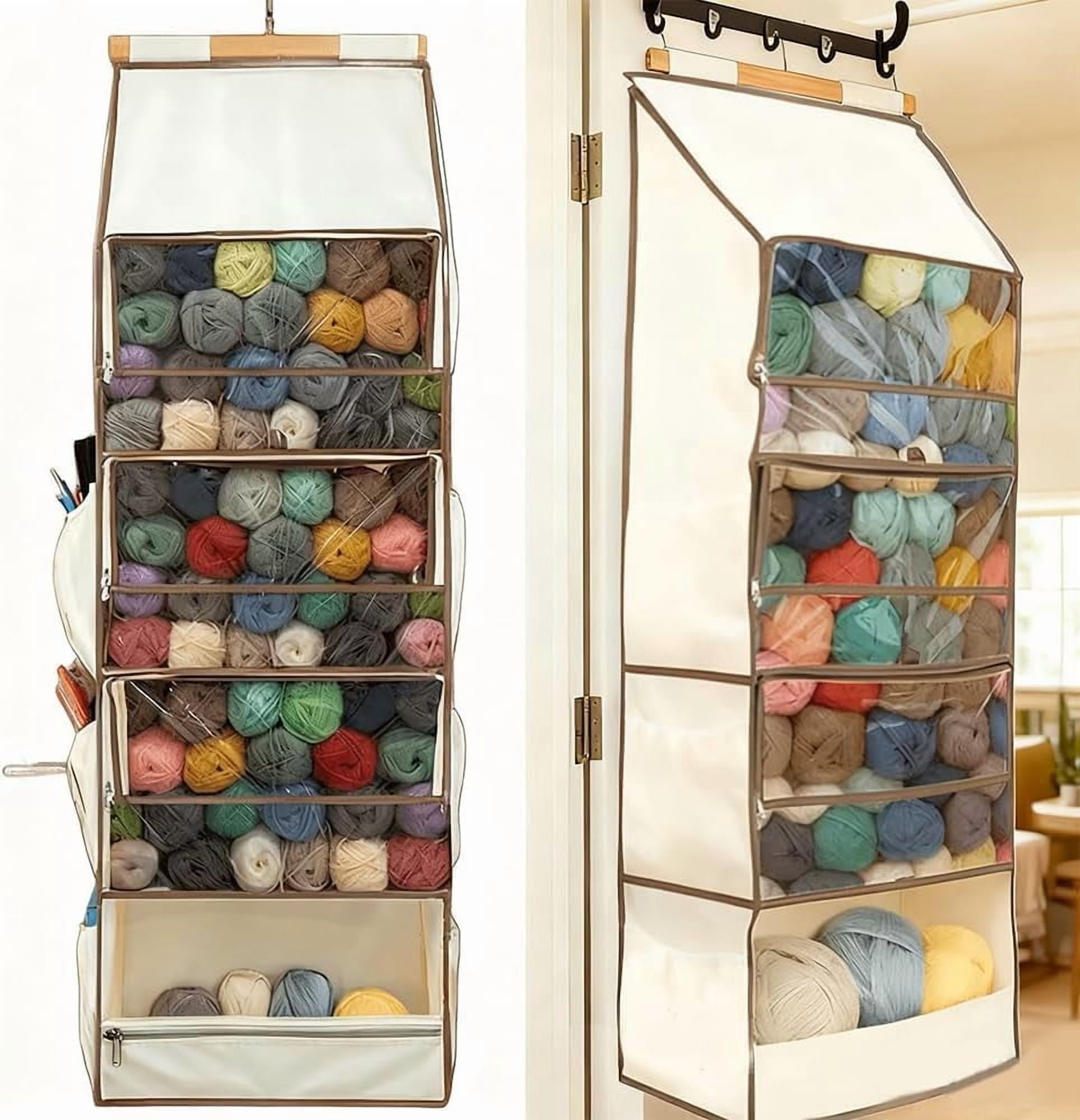 Yarn Storage Bag Organizer – Hanging Crochet & Knitting Supply Bag with 4 Clear Zippered Compartments, 3 Side Tool Pockets, Large Capacity(1pcs-Beige)