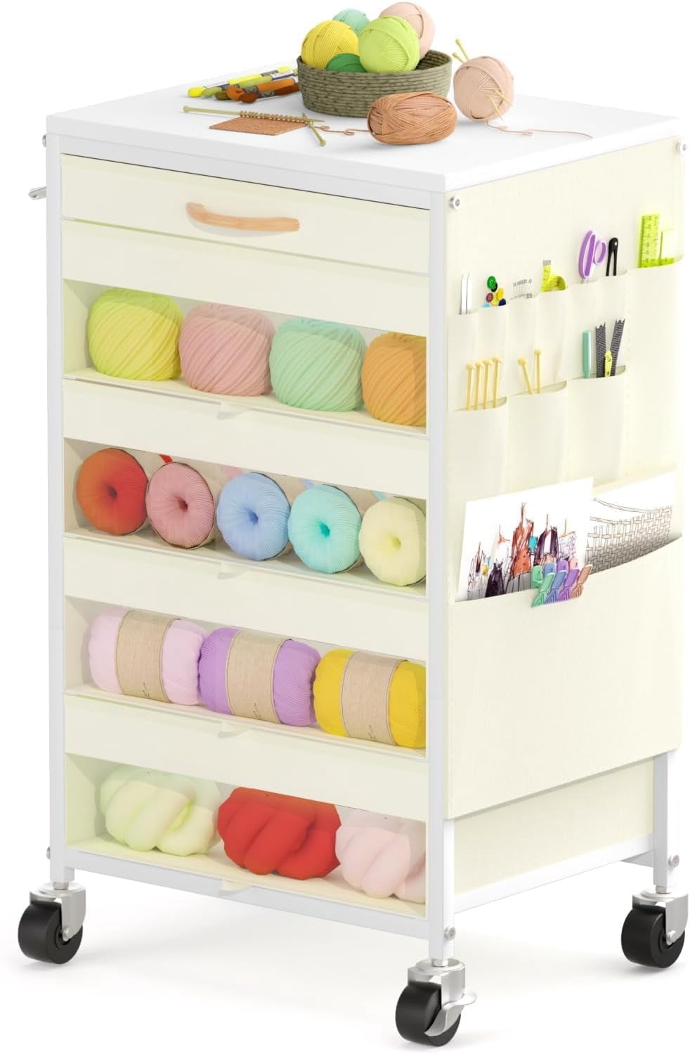 Yarn Storage Organizer Cart with Drawers, Yarn Holder Mobile Knitting Crochet Organizer, Rolling Craft Cart with Lockable Wheels and Side Pockets for Crochet Knitting Supplies, White