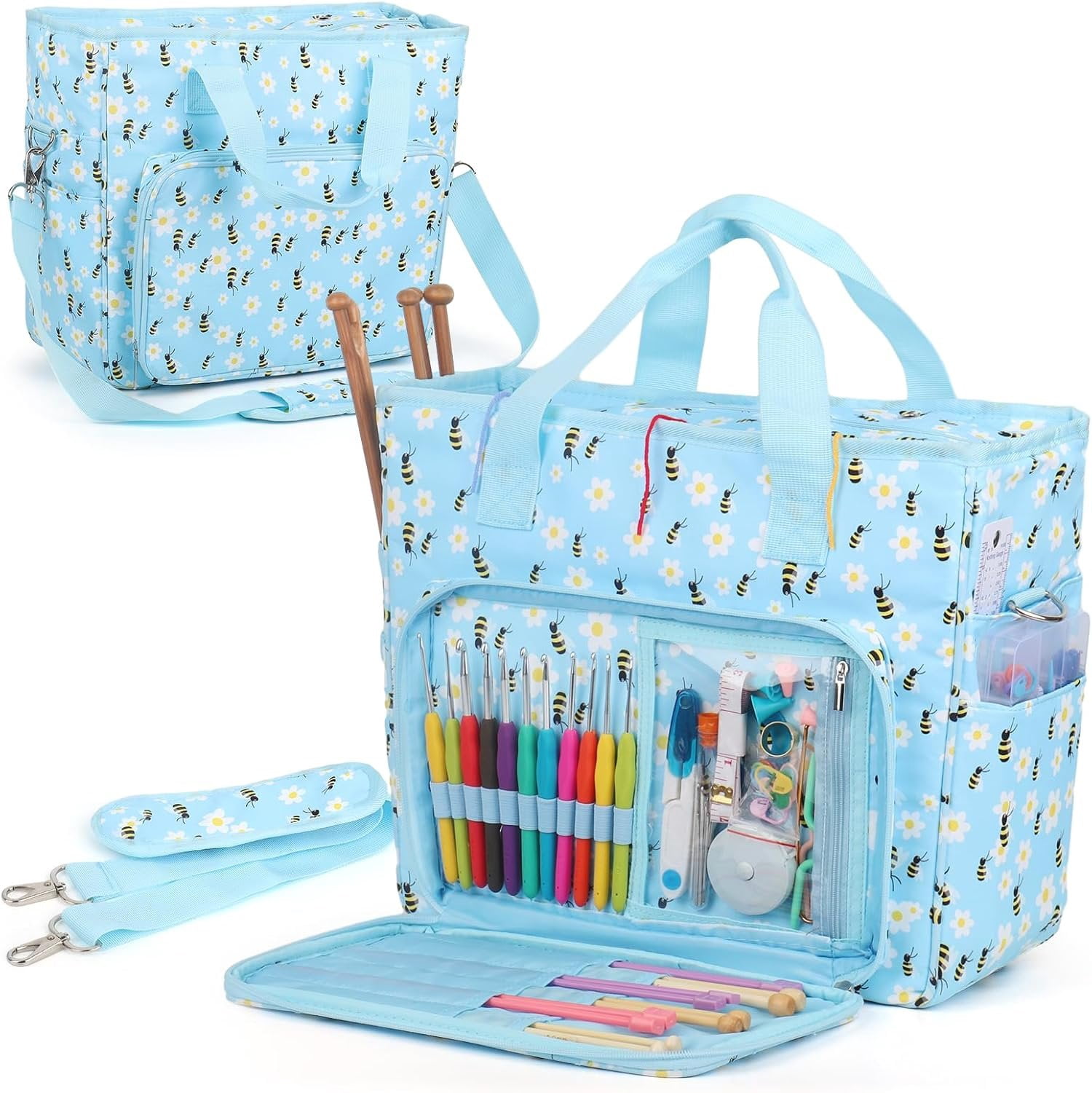 Yarn Storage Organizer Travel Crochet Bag, Large Capacity Tote Bag Knitting Bag for Carrying Projects, Knitting , Crochet Hooks and Yarn, Blue Floral and Bees