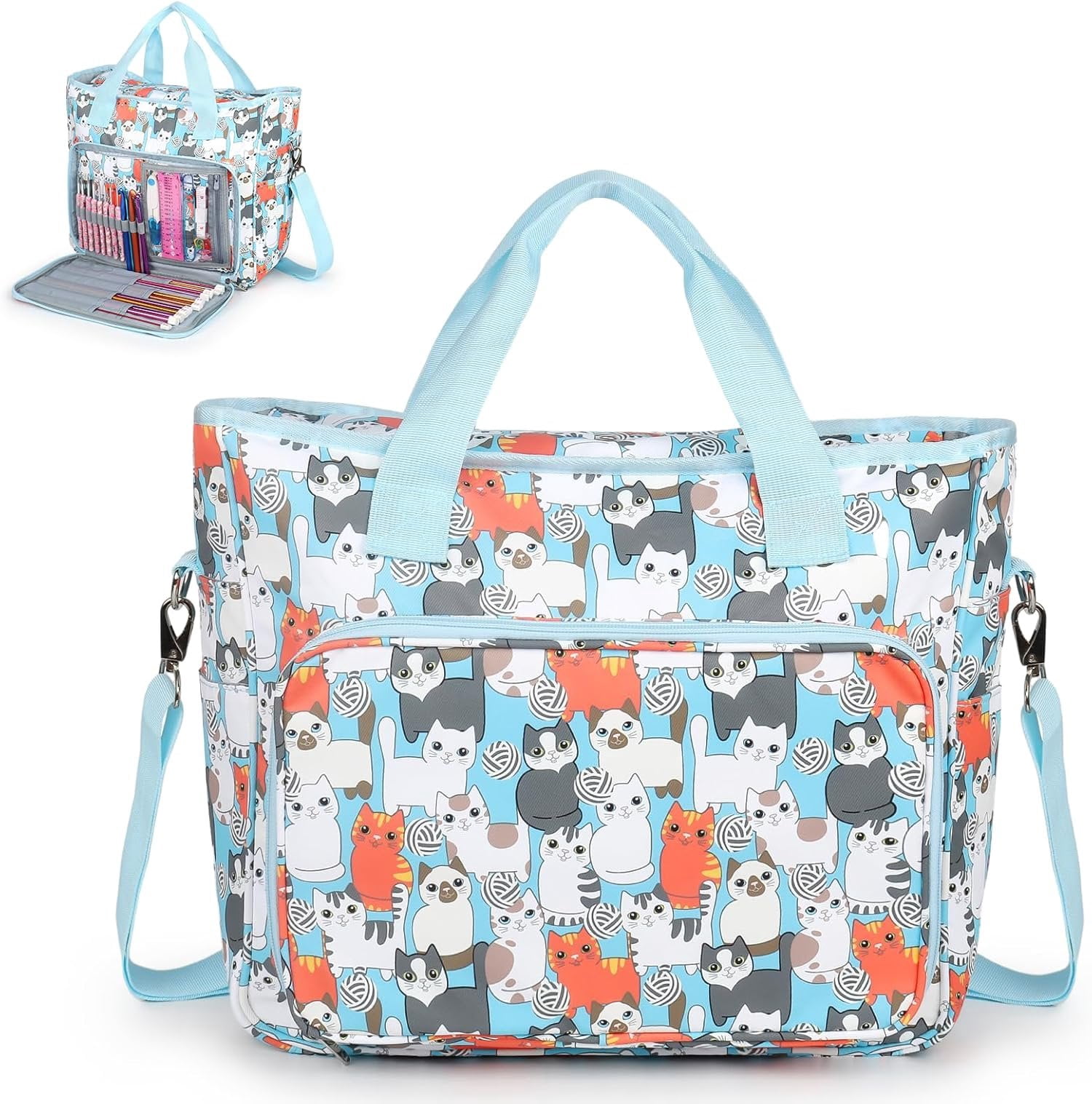 Yarn Storage Organizer Travel Crochet Bag, Large Capacity Tote Bag Knitting Bag for Carrying Projects, Knitting , Crochet Hooks and Yarn, Cute Blue