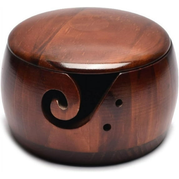 Yarn storage bowl, solid wood yarn crochet bowl with cover, yarn ball holder for knitting， bowl with hole for knitting and crocheting, wool storage bowl with cover ( Color : Brown , Size : 3.14*5.90in