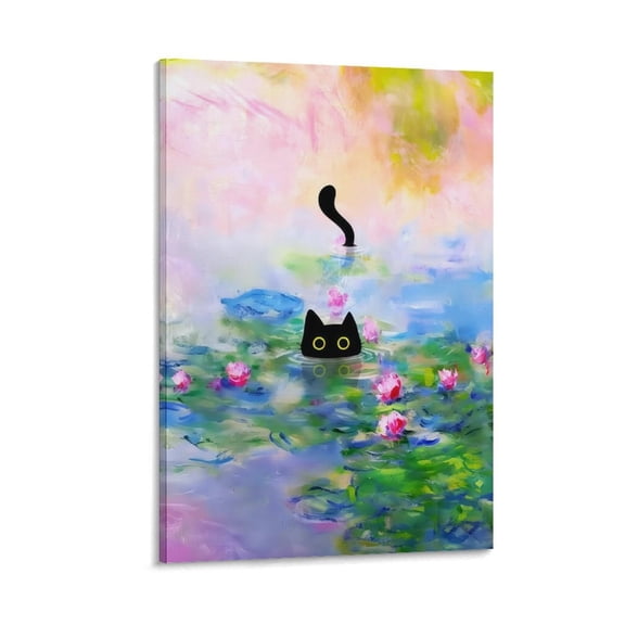YarnArtistry Beach Framed Funny Black Cat Canvas Wall Art Picture Black Cat in the Pink Water Lily Evening Painting Vintage Preppy Aesthetic Animal Posters Prints for Living Room Bedroom Bathroom Dec