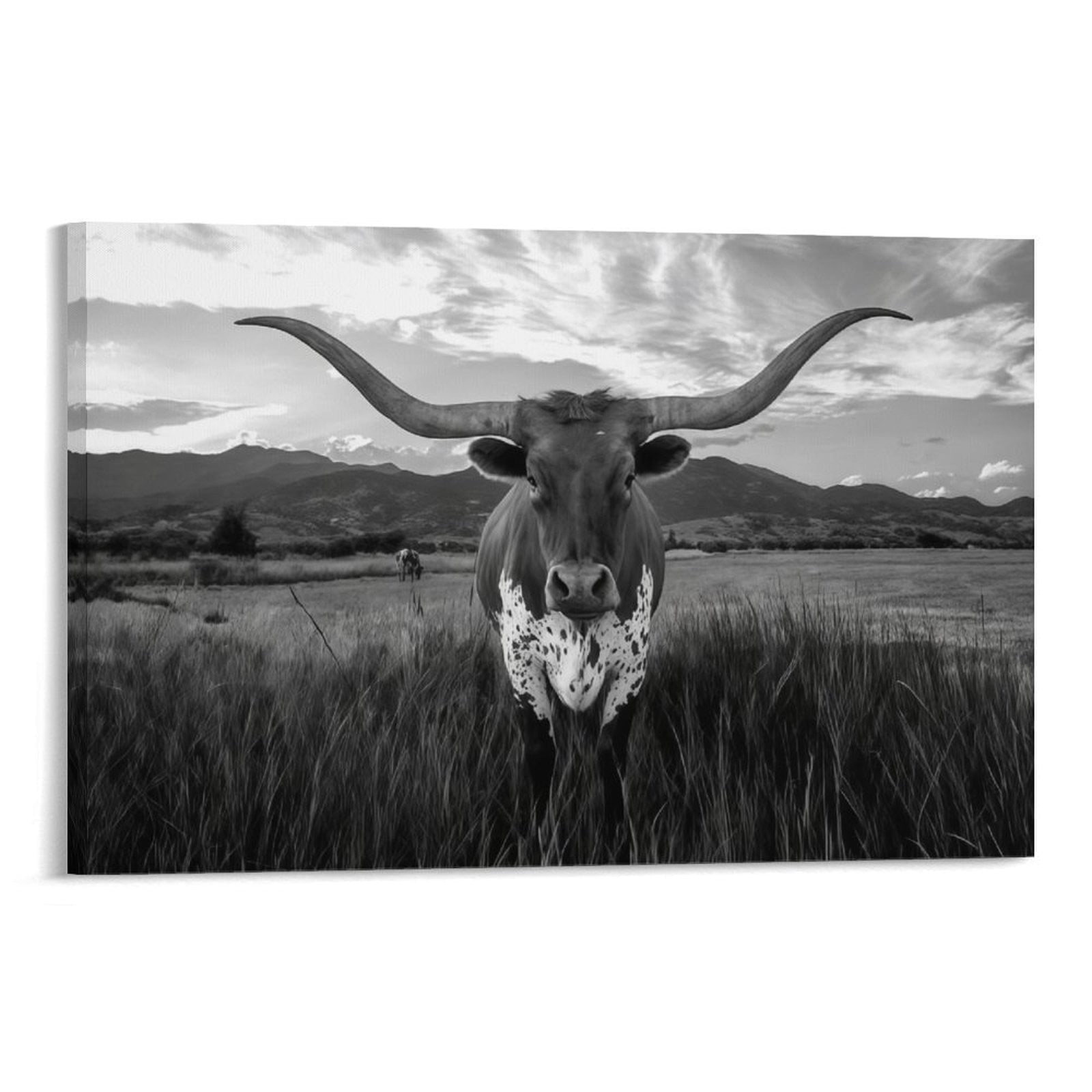 YarnArtistry Black and White Texas Animal Canvas Wall Art Highland Cattle with Long Horns Picture Longhorn in Sunset Farm Painting for Home Decor Modern Living Room Decorations