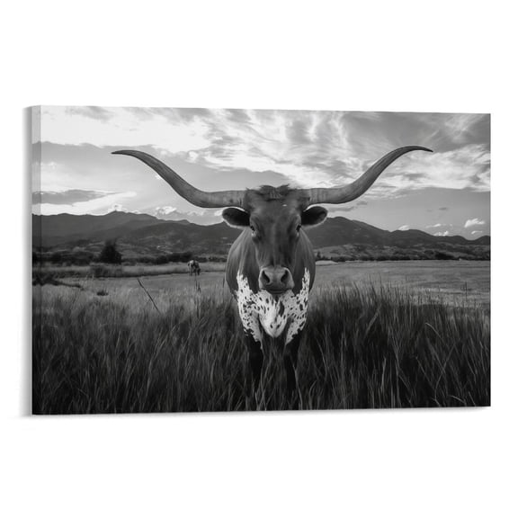 YarnArtistry Black and White Texas Animal Canvas Wall Art Highland Cattle with Long Horns Picture Longhorn in Sunset Farm Painting for Home Decor Modern Living Room Decorations