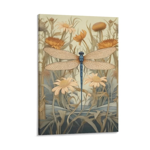 YarnArtistry Framed Vintage 3D Textured Wall Art Green Dragonfly Flowers Wall Decor Hand Drawn Sandstone Nature Botanical Pictures for Living Room Bedroom