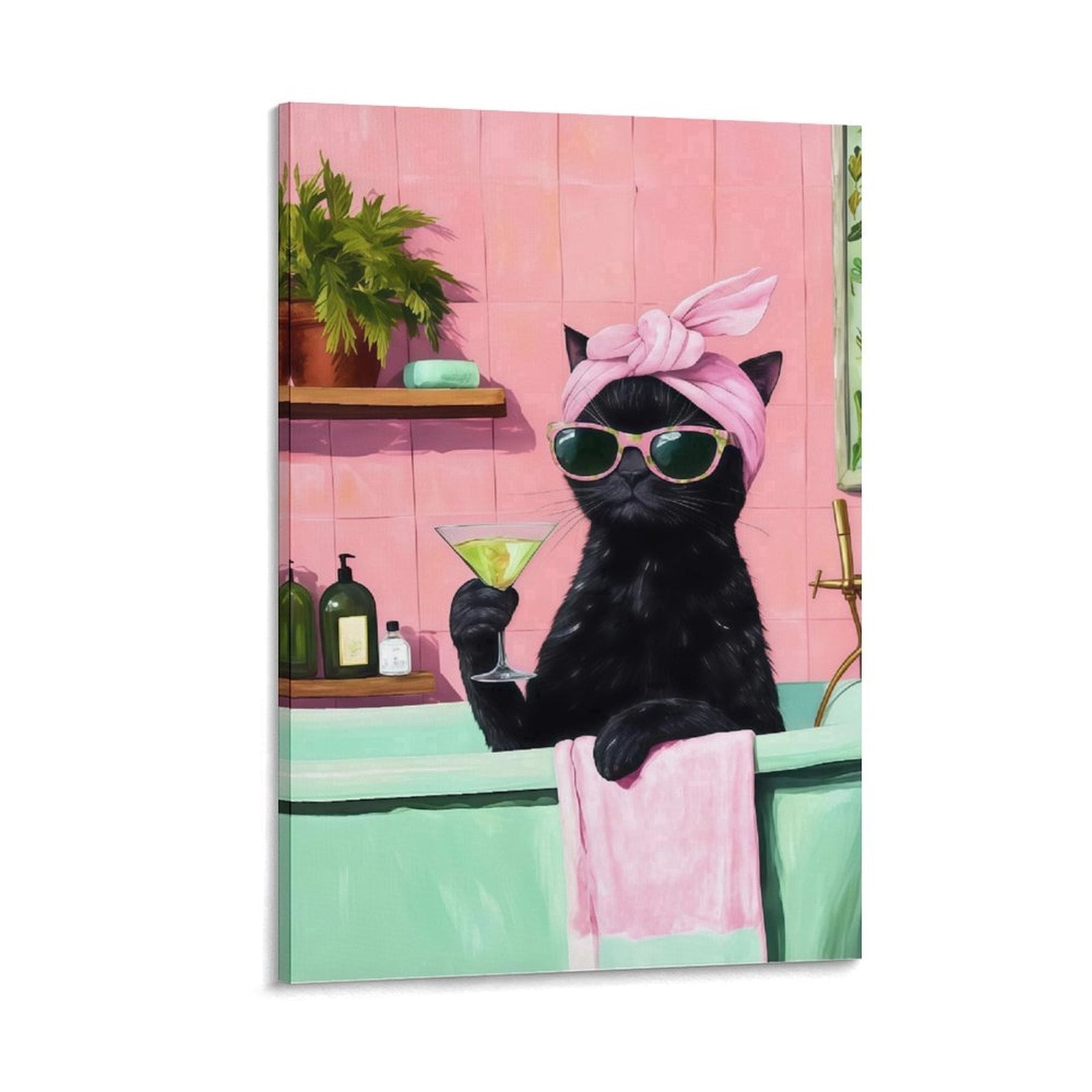 YarnArtistry Funny Bathroom Black Cat Canvas Wall Art 24 in x 16 in Framed Painting Canvas Art Prints