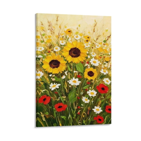 YarnArtistry Texture Vintage Sunflower Canvas Wall Art, Wildflowers Oil Painting Poster Wall Decor, Nature Country Botanical Picture for Wall Living Room Bathroom Bedroom Home Decoration