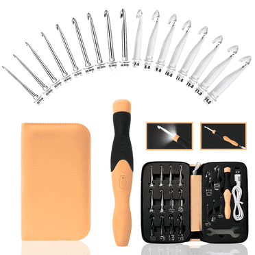 Yarniss 17 Size Lighted Crochet Hooks Set 2.5 mm to 14.0 mm, Plastic&Metal Rechargeable Light Up Crochet Hooks with Case