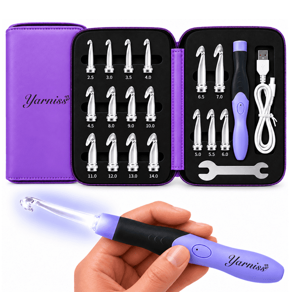 Yarniss 17 Sizes Lighted Crochet Hooks Set 2.5mm~14.0mm, Rechargeable Crochet Hook with Interchangeable Crochet Head